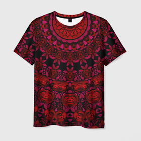 Мужская футболка 3D с принтом Акварельный калейдоскоп в Петрозаводске, 100% полиэфир | прямой крой, круглый вырез горловины, длина до линии бедер | женский | калейдоскоп | красный | модный | цветочный узор | черный | этнический