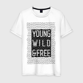 Мужская футболка хлопок с принтом YOUNG WILD &FREE , 100% хлопок | прямой крой, круглый вырез горловины, длина до линии бедер, слегка спущенное плечо. | free | text | wild | word | young | арт | дерзость | дикость | колючка | молодость | надписи | проволока | свобода