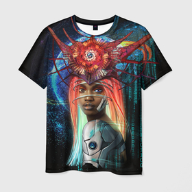Мужская футболка 3D с принтом Cyberpunk girl в Санкт-Петербурге, 100% полиэфир | прямой крой, круглый вырез горловины, длина до линии бедер | Тематика изображения на принте: волосы | девушка | киберпанк | корона | космос | планета