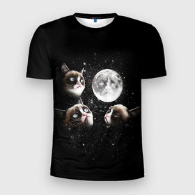 Мужская футболка 3D спортивная с принтом ГРУСТНЫЕ ЛУННЫЕ КОТЫ в Тюмени, 100% полиэстер с улучшенными характеристиками | приталенный силуэт, круглая горловина, широкие плечи, сужается к линии бедра | cat | cosmo | face | memes | night | sky | stars | голова | звезды | интернет | космос | коты | кошки | лицо | луна | мем | ночь | отражение | прикол | рисунок
