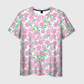 Мужская футболка 3D с принтом Розовые акварельные розы в Петрозаводске, 100% полиэфир | прямой крой, круглый вырез горловины, длина до линии бедер | акварель | акварельные цветы | детский | для женщин | модный | розовый | розы | цветы