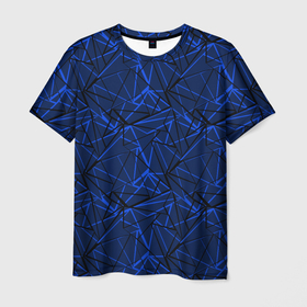 Мужская футболка 3D с принтом Черно-синий геометрический   в Курске, 100% полиэфир | прямой крой, круглый вырез горловины, длина до линии бедер | абстрактный | геометрические фигуры | геометрический | модный | молодежный | полосы | синий | синий и черный