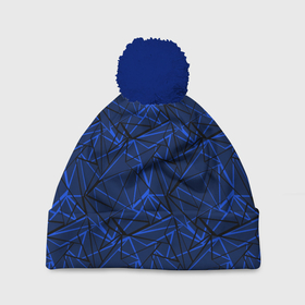 Шапка 3D c помпоном с принтом Черно-синий геометрический   в Екатеринбурге, 100% полиэстер | универсальный размер, печать по всей поверхности изделия | абстрактный | геометрические фигуры | геометрический | модный | молодежный | полосы | синий | синий и черный