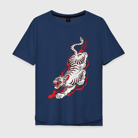 Мужская футболка хлопок Oversize с принтом Тигр самурая в Курске, 100% хлопок | свободный крой, круглый ворот, “спинка” длиннее передней части | tiger | год тигра | животное | кошки | огонь | самурай | тигр | хищник | япония
