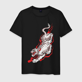 Мужская футболка хлопок с принтом Тигр самурая в Кировске, 100% хлопок | прямой крой, круглый вырез горловины, длина до линии бедер, слегка спущенное плечо. | tiger | год тигра | животное | кошки | огонь | самурай | тигр | хищник | япония