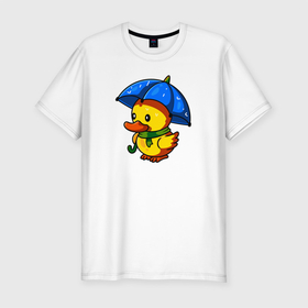 Мужская футболка хлопок Slim с принтом Утенок под зонтом в Новосибирске, 92% хлопок, 8% лайкра | приталенный силуэт, круглый вырез ворота, длина до линии бедра, короткий рукав | Тематика изображения на принте: duck | дождь | зонт | милота | птица | утенок | утка | утка в шарфе