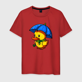 Мужская футболка хлопок с принтом Утенок под зонтом в Курске, 100% хлопок | прямой крой, круглый вырез горловины, длина до линии бедер, слегка спущенное плечо. | duck | дождь | зонт | милота | птица | утенок | утка | утка в шарфе