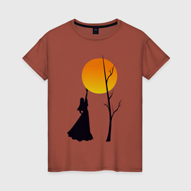 Женская футболка хлопок с принтом Девушка с луной , 100% хлопок | прямой крой, круглый вырез горловины, длина до линии бедер, слегка спущенное плечо | девушка | дерево | луна | оранжевый | черный