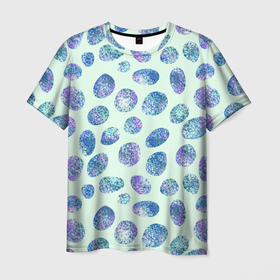 Мужская футболка 3D с принтом Драгоценные синие камни  в Петрозаводске, 100% полиэфир | прямой крой, круглый вырез горловины, длина до линии бедер | Тематика изображения на принте: абстракция | драгоценные камни | зеленый | нежный принт | синий | сияние | фиолетовый | цвет