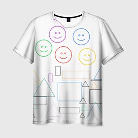 Мужская футболка 3D с принтом фигуры в Белгороде, 100% полиэфир | прямой крой, круглый вырез горловины, длина до линии бедер | forms | rainbow | smiles | squares | triangles | квадраты | радуга | смайлы | треугольники | улыбки
emoticons | фигуры