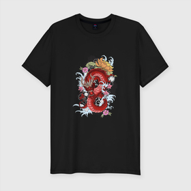 Мужская футболка хлопок Slim с принтом Дракон в Белгороде, 92% хлопок, 8% лайкра | приталенный силуэт, круглый вырез ворота, длина до линии бедра, короткий рукав | арт | дракон | женская | змеи | мужская | цветы