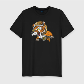 Мужская футболка хлопок Slim с принтом Hey, Tiger! в Санкт-Петербурге, 92% хлопок, 8% лайкра | приталенный силуэт, круглый вырез ворота, длина до линии бедра, короткий рукав | tiger | больша кошка | дикая кошка | зверь | кошка | тигр | тигр в шлеме | тигр на байке | хищник