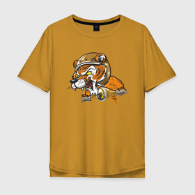 Мужская футболка хлопок Oversize с принтом Hey, Tiger! в Санкт-Петербурге, 100% хлопок | свободный крой, круглый ворот, “спинка” длиннее передней части | tiger | больша кошка | дикая кошка | зверь | кошка | тигр | тигр в шлеме | тигр на байке | хищник