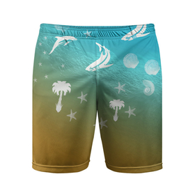 Мужские шорты спортивные с принтом Морское ассорти в Тюмени,  |  | акулы | волна | дельфины | море | морепродукты | морские животные | морской | пальмы | песок | ракушки | рыбы