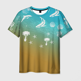 Мужская футболка 3D с принтом Морское ассорти в Тюмени, 100% полиэфир | прямой крой, круглый вырез горловины, длина до линии бедер | акулы | волна | дельфины | море | морепродукты | морские животные | морской | пальмы | песок | ракушки | рыбы