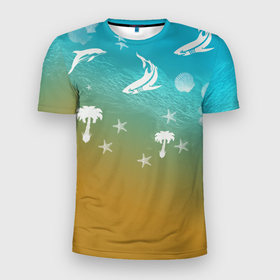 Мужская футболка 3D спортивная с принтом Морское ассорти , 100% полиэстер с улучшенными характеристиками | приталенный силуэт, круглая горловина, широкие плечи, сужается к линии бедра | акулы | волна | дельфины | море | морепродукты | морские животные | морской | пальмы | песок | ракушки | рыбы