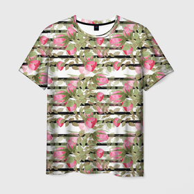 Мужская футболка 3D с принтом Акварельные розы на полосатом  в Санкт-Петербурге, 100% полиэфир | прямой крой, круглый вырез горловины, длина до линии бедер | Тематика изображения на принте: акварель | акварельные розы | детский | женский | розовые розы | цветочный узор | цветы