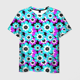 Мужская футболка 3D с принтом Яркие бирюзовые цветы  в Петрозаводске, 100% полиэфир | прямой крой, круглый вырез горловины, длина до линии бедер | бирюзовые цветы | бордовый | детский | для детей | малышам | неоновый | ретро | цветочный узор