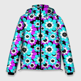 Мужская зимняя куртка 3D с принтом Яркие бирюзовые цветы в Новосибирске, верх — 100% полиэстер; подкладка — 100% полиэстер; утеплитель — 100% полиэстер | длина ниже бедра, свободный силуэт Оверсайз. Есть воротник-стойка, отстегивающийся капюшон и ветрозащитная планка. 

Боковые карманы с листочкой на кнопках и внутренний карман на молнии. | бирюзовые цветы | бордовый | детский | для детей | малышам | неоновый | ретро | цветочный узор