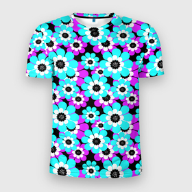 Мужская футболка 3D спортивная с принтом Яркие бирюзовые цветы  в Белгороде, 100% полиэстер с улучшенными характеристиками | приталенный силуэт, круглая горловина, широкие плечи, сужается к линии бедра | бирюзовые цветы | бордовый | детский | для детей | малышам | неоновый | ретро | цветочный узор