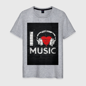 Мужская футболка хлопок с принтом I love music в Тюмени, 100% хлопок | прямой крой, круглый вырез горловины, длина до линии бедер, слегка спущенное плечо. | Тематика изображения на принте: i love music | love | music | граффити | музыка | я люблю музыку