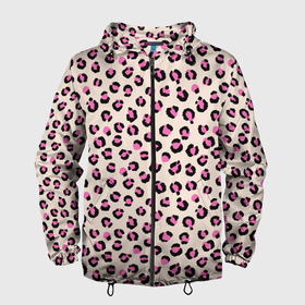 Мужская ветровка 3D с принтом Леопардовый принт розовый в Екатеринбурге, 100% полиэстер | подол и капюшон оформлены резинкой с фиксаторами, два кармана без застежек по бокам, один потайной карман на груди | Тематика изображения на принте: бежевый | леопард | леопардовый принт | молочный цвет | пятнистый | розовый