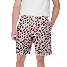 Мужские шорты 3D с принтом Леопардовый принт розовый в Екатеринбурге,  полиэстер 100% | прямой крой, два кармана без застежек по бокам. Мягкая трикотажная резинка на поясе, внутри которой широкие завязки. Длина чуть выше колен | Тематика изображения на принте: бежевый | леопард | леопардовый принт | молочный цвет | пятнистый | розовый