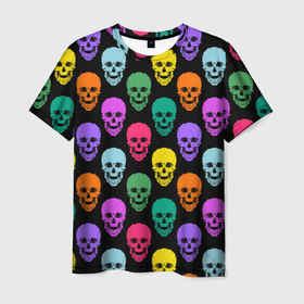 Мужская футболка 3D с принтом Разноцветные черепа . Готика  , 100% полиэфир | прямой крой, круглый вырез горловины, длина до линии бедер | готический узор | молодежный | разноцветные черепа | современный | черепа | яркий узор