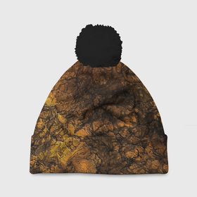 Шапка 3D c помпоном с принтом Желто-черная текстура камня  в Курске, 100% полиэстер | универсальный размер, печать по всей поверхности изделия | Тематика изображения на принте: вулканический | желтый | камень | модный | мрамор | мраморный узор | текстура камня | черный мрамор