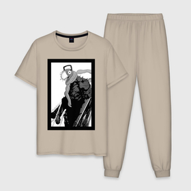 Мужская пижама хлопок с принтом Почитта в Петрозаводске, 100% хлопок | брюки и футболка прямого кроя, без карманов, на брюках мягкая резинка на поясе и по низу штанин
 | демон бензопилы | дензи | дэнжи | манга | почитта | человек бензопила