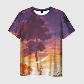 Мужская футболка 3D с принтом Закат в аниме стиле в Екатеринбурге, 100% полиэфир | прямой крой, круглый вырез горловины, длина до линии бедер | акварель | алый закат | аниме | в аниме стиле | ветер | деревья | закат | красками | листва | облака | рассвет | рисунок | солнце | тучи