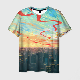 Мужская футболка 3D с принтом Токио красками в Тюмени, 100% полиэфир | прямой крой, круглый вырез горловины, длина до линии бедер | Тематика изображения на принте: акварелью | аниме | ветер | город | закат | здания | красками | мегаполис | облака | постройки | рассвет | стиль | столица | токио | тучи | япония