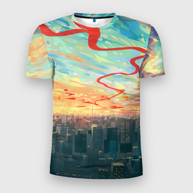 Мужская футболка 3D спортивная с принтом Токио красками , 100% полиэстер с улучшенными характеристиками | приталенный силуэт, круглая горловина, широкие плечи, сужается к линии бедра | акварелью | аниме | ветер | город | закат | здания | красками | мегаполис | облака | постройки | рассвет | стиль | столица | токио | тучи | япония