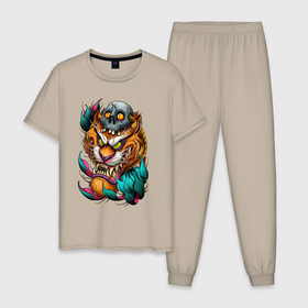 Мужская пижама хлопок с принтом Тигр в Белгороде, 100% хлопок | брюки и футболка прямого кроя, без карманов, на брюках мягкая резинка на поясе и по низу штанин
 | клык | лепесток | оскал | тигр | череп
