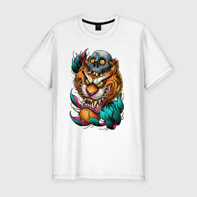 Мужская футболка хлопок Slim с принтом Тигр в Екатеринбурге, 92% хлопок, 8% лайкра | приталенный силуэт, круглый вырез ворота, длина до линии бедра, короткий рукав | клык | лепесток | оскал | тигр | череп