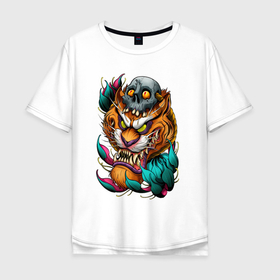 Мужская футболка хлопок Oversize с принтом Тигр в Курске, 100% хлопок | свободный крой, круглый ворот, “спинка” длиннее передней части | клык | лепесток | оскал | тигр | череп
