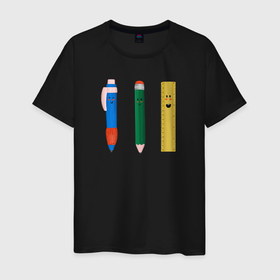 Мужская футболка хлопок с принтом в школу , 100% хлопок | прямой крой, круглый вырез горловины, длина до линии бедер, слегка спущенное плечо. | карандаш | класс | линейка | перекличка | ручка | уроки | школа