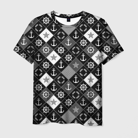 Мужская футболка 3D с принтом Черно-белый морской плед в Новосибирске, 100% полиэфир | прямой крой, круглый вырез горловины, длина до линии бедер | Тематика изображения на принте: для мальчика | клетка | модный | молодежный | море | морской | пэчворк | черно белый узор | штурвал