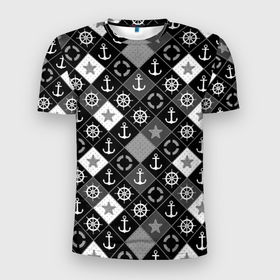 Мужская футболка 3D спортивная с принтом Черно-белый морской плед в Екатеринбурге, 100% полиэстер с улучшенными характеристиками | приталенный силуэт, круглая горловина, широкие плечи, сужается к линии бедра | для мальчика | клетка | модный | молодежный | море | морской | пэчворк | черно белый узор | штурвал