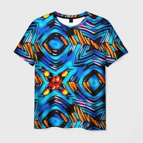 Мужская футболка 3D с принтом Желто-синий абстрактный узор  в Новосибирске, 100% полиэфир | прямой крой, круглый вырез горловины, длина до линии бедер | Тематика изображения на принте: геометрический | желтый | модный | плетение | синий | современный | яркий синий