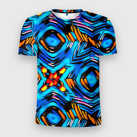 Мужская футболка 3D спортивная с принтом Желто-синий абстрактный узор  в Кировске, 100% полиэстер с улучшенными характеристиками | приталенный силуэт, круглая горловина, широкие плечи, сужается к линии бедра | геометрический | желтый | модный | плетение | синий | современный | яркий синий