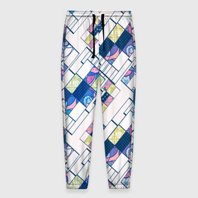 Мужские брюки 3D с принтом Этнический узор пэчворк  в Белгороде, 100% полиэстер | манжеты по низу, эластичный пояс регулируется шнурком, по бокам два кармана без застежек, внутренняя часть кармана из мелкой сетки | абстрактный | белый и синий | геометрический | заплатки | популярный | современный | этнический