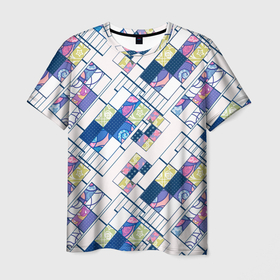 Мужская футболка 3D с принтом Этнический узор пэчворк  в Петрозаводске, 100% полиэфир | прямой крой, круглый вырез горловины, длина до линии бедер | абстрактный | белый и синий | геометрический | заплатки | популярный | современный | этнический