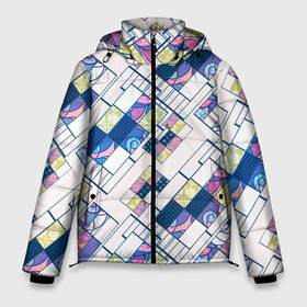 Мужская зимняя куртка 3D с принтом Этнический узор пэчворк в Новосибирске, верх — 100% полиэстер; подкладка — 100% полиэстер; утеплитель — 100% полиэстер | длина ниже бедра, свободный силуэт Оверсайз. Есть воротник-стойка, отстегивающийся капюшон и ветрозащитная планка. 

Боковые карманы с листочкой на кнопках и внутренний карман на молнии. | абстрактный | белый и синий | геометрический | заплатки | популярный | современный | этнический