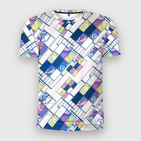 Мужская футболка 3D спортивная с принтом Этнический узор пэчворк  в Тюмени, 100% полиэстер с улучшенными характеристиками | приталенный силуэт, круглая горловина, широкие плечи, сужается к линии бедра | абстрактный | белый и синий | геометрический | заплатки | популярный | современный | этнический