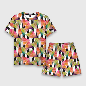 Мужской костюм с шортами 3D с принтом Абстрактный полосатый узор в Кировске,  |  | абстрактный | геометрические фигуры | молодежный | полосатый | радужный | черные полосы
