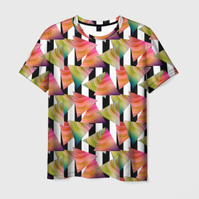 Мужская футболка 3D с принтом Абстрактный полосатый узор  в Курске, 100% полиэфир | прямой крой, круглый вырез горловины, длина до линии бедер | абстрактный | геометрические фигуры | молодежный | полосатый | радужный | черные полосы