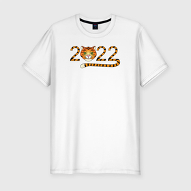 Мужская футболка хлопок Slim с принтом Год Тигра 2022 с мордочкой в Екатеринбурге, 92% хлопок, 8% лайкра | приталенный силуэт, круглый вырез ворота, длина до линии бедра, короткий рукав | 2022 | дата | животное | полоски | символ | тигр | хвост