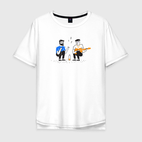 Мужская футболка хлопок Oversize с принтом Блюз музыканты в Новосибирске, 100% хлопок | свободный крой, круглый ворот, “спинка” длиннее передней части | блюз | гитара | гопник | гопники | двор | иллюстрация | музыка | на корточках | парни | пацанские | пацаны | рисунок | четкие | четко | шансон