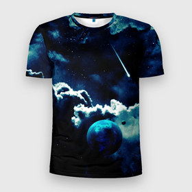 Мужская футболка 3D спортивная с принтом КОСМИЧЕСКИЕ ОБЛАКА в Тюмени, 100% полиэстер с улучшенными характеристиками | приталенный силуэт, круглая горловина, широкие плечи, сужается к линии бедра | Тематика изображения на принте: вселенная | звёзды | комета | космос | облака | планета